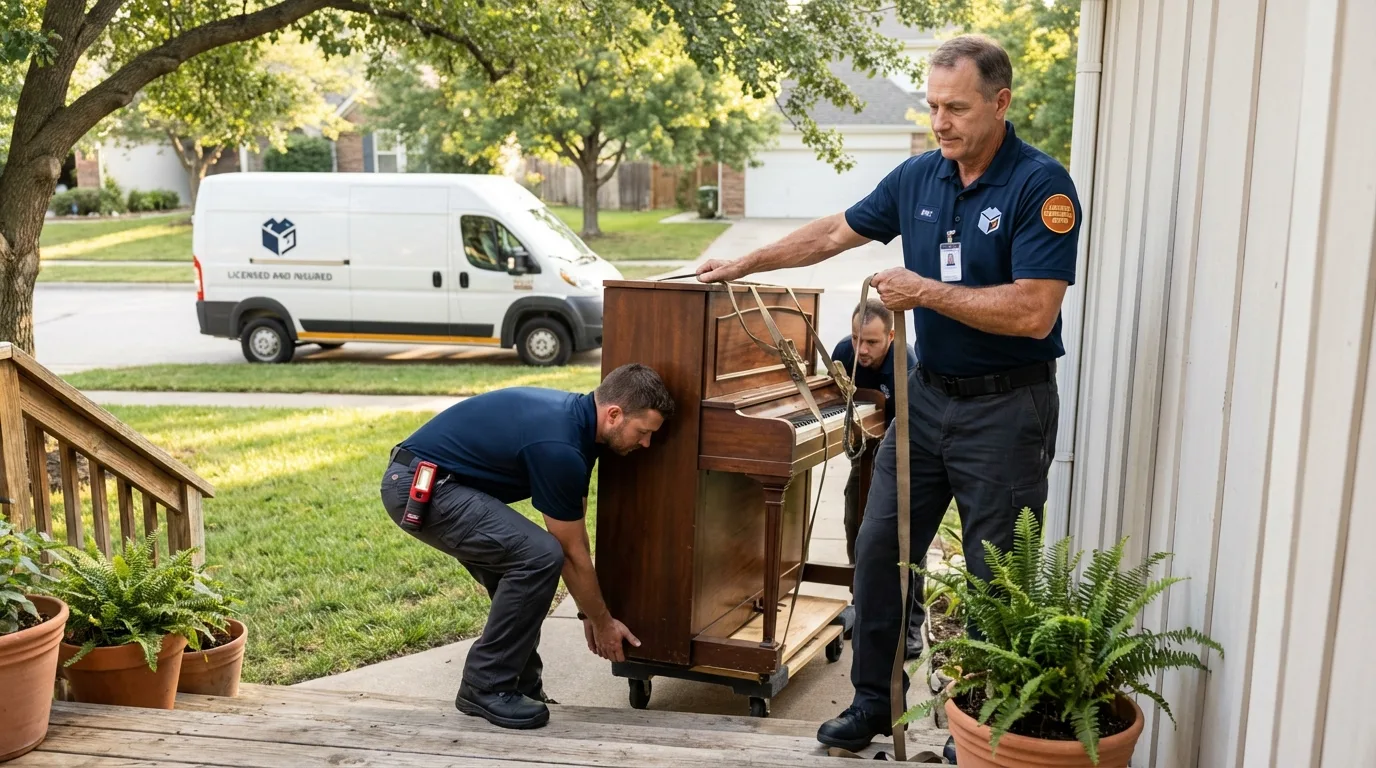 Licensed piano movers securing grand piano in Davenport, FL