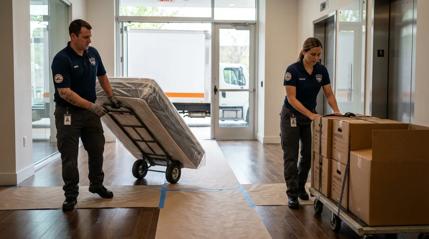 Professional apartment movers loading elevator in Davenport, FL